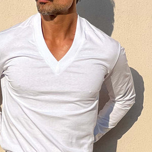 Men's Solid Color Blend V-Neck Long Sleeve T-Shirt