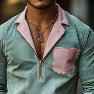 Men's Spring Fashion Casual Contrast Color Stitching Lapel Zipper Suede Long Sleeve Shirt