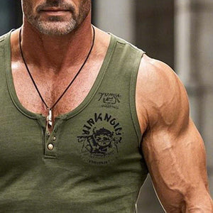 Men's Army Green V-Neck Printed Slim Fit Tank Top