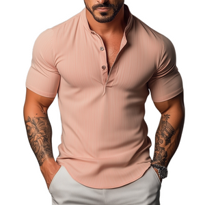 Men's Retro Casual Stand Collar Elastic Short Sleeve Shirt
