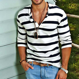 Men's Casual Striped Henley Collar Long Sleeve T-Shirt