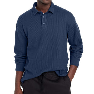 Men's Casual Solid Color Button Lapel Long Sleeve Polo Shirt