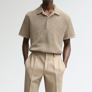 Men's Casual Houndstooth Lapel Loose Short Sleeve Polo Shirt