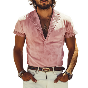 Men's Spring Fashion Casual Deep V-neck Slim Fit Embroidered Suede Short Sleeve T-shirt