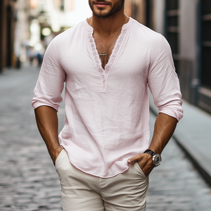 Men's Spring And Summer Casual Skin-friendly Cotton And Linen Seep V-neck Splicing Lace Shirt