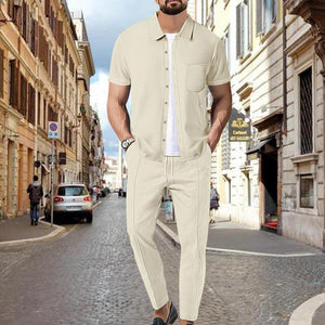 Men's Waffle Solid Color Short Sleeve Shirt And Pants Set