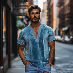 Men's Spring Fashion Deep V-neck Lace Stitching Velvet Short Sleeve T-shirt