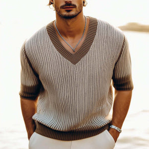 Men's Summer V-neck Thin Knitted Short-sleeved T-shirt