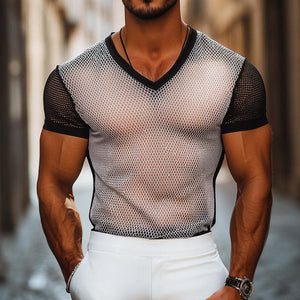 Men's Retro Casual Summer Cool Mesh Fabric Colorblock V-neck Short Sleeve T-shirt