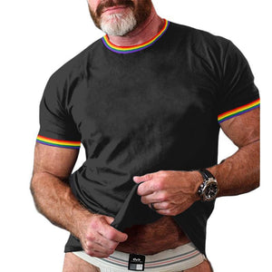 Men's Rainbow Stripe Patchwork Round Neck Short Sleeve T-Shirt