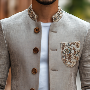 Men's Classic Retro Stand Collar Thin Cotton And Linen Embroidered Slim Jacket