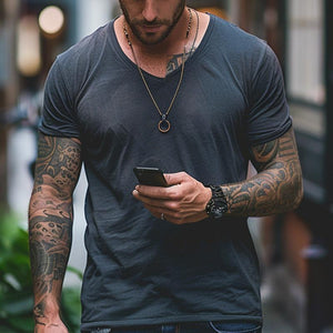 Men's Vintage Distressed V-neck Short-sleeved T-shirt