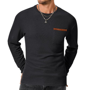 Men's Casual Waffle Round Neck Patch Pocket Slim Fit Long Sleeve T-Shirt