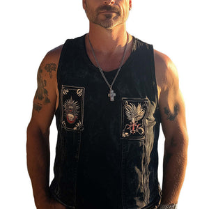 Men's Summer Retro Washed Distressed Denim Embroidered Tank Top