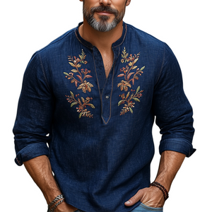 Men's Navy Blue Cotton And Linen Vintage Embroidered Long Sleeve T-Shirt