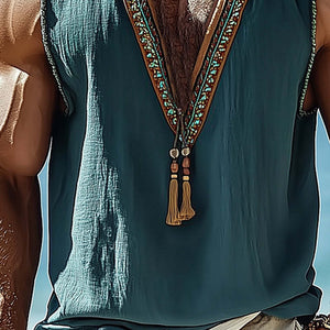 Men's Summer V-neck Vintage Embroidered Tank Top