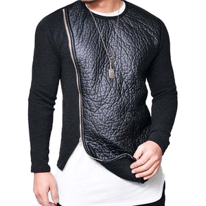 Men's Leather Stitching Zip-up Round Neck Long-sleeved T-shirt (Internal T-shirt Not Included)