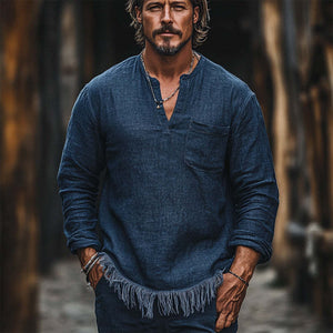 Men's Vintage Navy V-neck Cotton And Linen Casual T-shirt