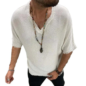 Men's Cotton And Linen Loose V-neck Short-sleeved T-shirt