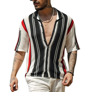 Men's Knit Striped Lapel Lapel Short Sleeve Polo Shirt