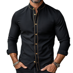 Men's Retro Casual Colorblock Printed Stand Collar Long Sleeve Shirt
