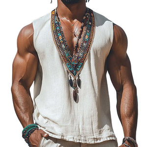 Men's Summer Retro Deep V Neck Cotton And Linen Embroidered Tank Top