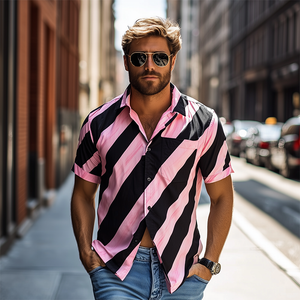 Men's American Casual Striped Printed Chiffon Short Sleeve Shirt