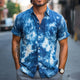 Men's Summer Blue Tie-Dye Cotton Casual Short Sleeve Shirt