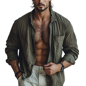 Men's Cotton Solid Lapel Loose Shirt