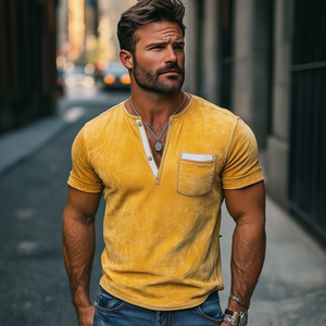 Men's Fashion Slim Fit Casual Deep V Neck Bright Suede Short Sleeve T-Shirt