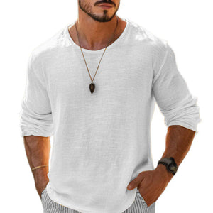 Men's Casual Cotton Linen Round Neck Loose Long Sleeve T-Shirt