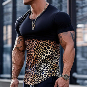 Men's Fashion Leopard Print Contrast Color Patchwork Round Neck Tight Short Sleeve T-shirt