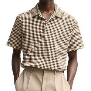 Men's Casual Houndstooth Lapel Loose Short Sleeve Polo Shirt