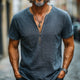 Men's Dark Blue Distressed Half-Zip Casual T-Shirt