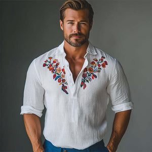 Men's Cotton And Linen Embroidered Polo Collar Casual Long Sleeve T-Shirt