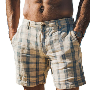 Men's Spring Fashion Plaid Linen Casual Sports Shorts