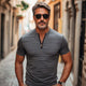 Men's Gray Striped Zipper Collar Slim Fit Short Sleeve T-Shirt