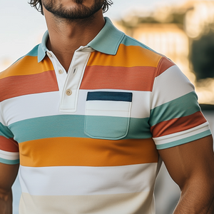 Men's Spring And Summer Fashion Casual Contrast Stripe Print Short Sleeve POLO Shirt
