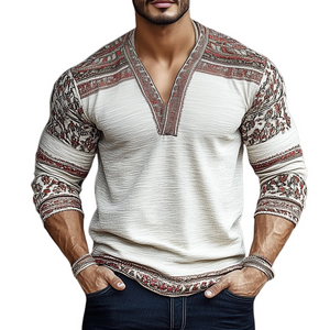 Men's Retro Colorblock Printed Wrinkled V-Neck Long Sleeve T-Shirt