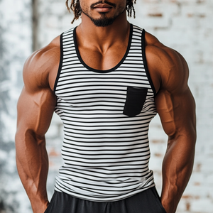 Men's Casual Striped Stitching U-Neck Patch Pocket Slim Fit Tank Top