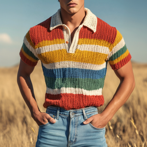 Men's Casual Rainbow Striped Lapel Knitted Short Sleeve Polo Shirt