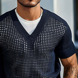 Men's Solid Color Knitted V-Neck Short Sleeve Sweater T-Shirt