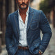 Men'S Dark Blue Textured Washed Denim Blazer