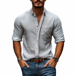 Men's Casual Linen Lapel Slim Fit Patch Pocket Long Sleeve Shirt