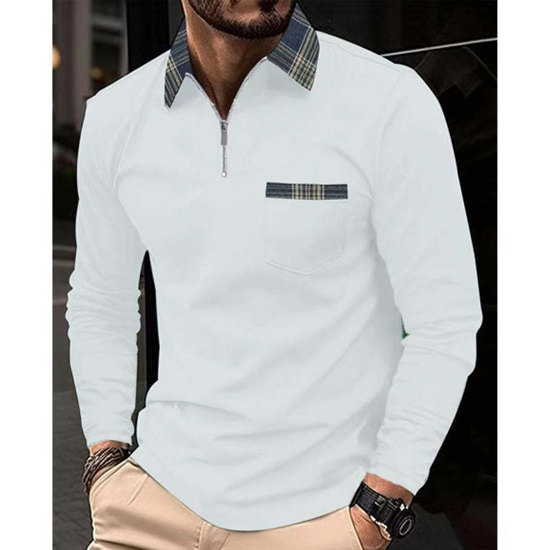 Men's Plaid Printed Stitching Zipper Lapel Pocket Long Sleeve Polo Shirt