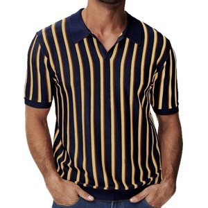 Men's Casual Contrast Color Striped Lapel Knitted Loose Short-Sleeve Polo Shirt