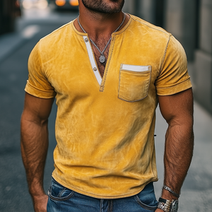 Men's Fashion Slim Fit Casual Deep V Neck Bright Suede Short Sleeve T-Shirt