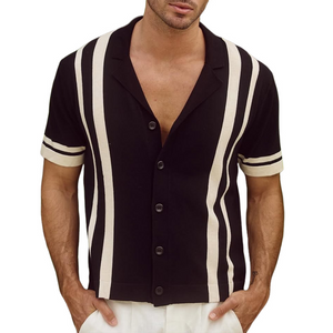 Men's Knit Striped Notch Lapel Single Breasted Short Sleeve Polo Shirt