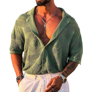 Men's Knit Solid Notch Lapel Single Breasted Short Sleeve Polo Shirt