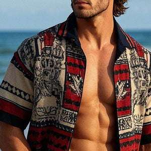 Men's Vintage Printed Lapel Short Sleeve Shirt